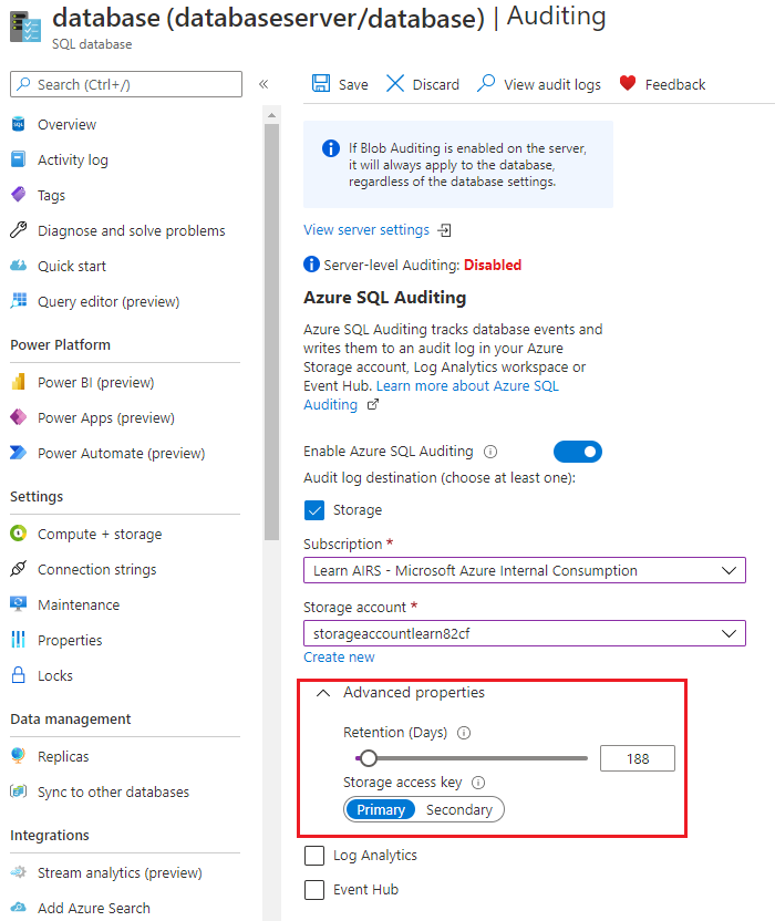 Capture d’écran montrant le volet d’audit des bases de données SQL.