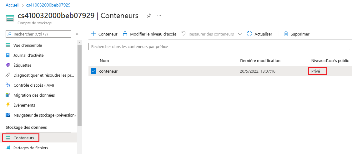 Capture d’écran montrant un conteneur de stockage avec un niveau d’accès défini sur privé.