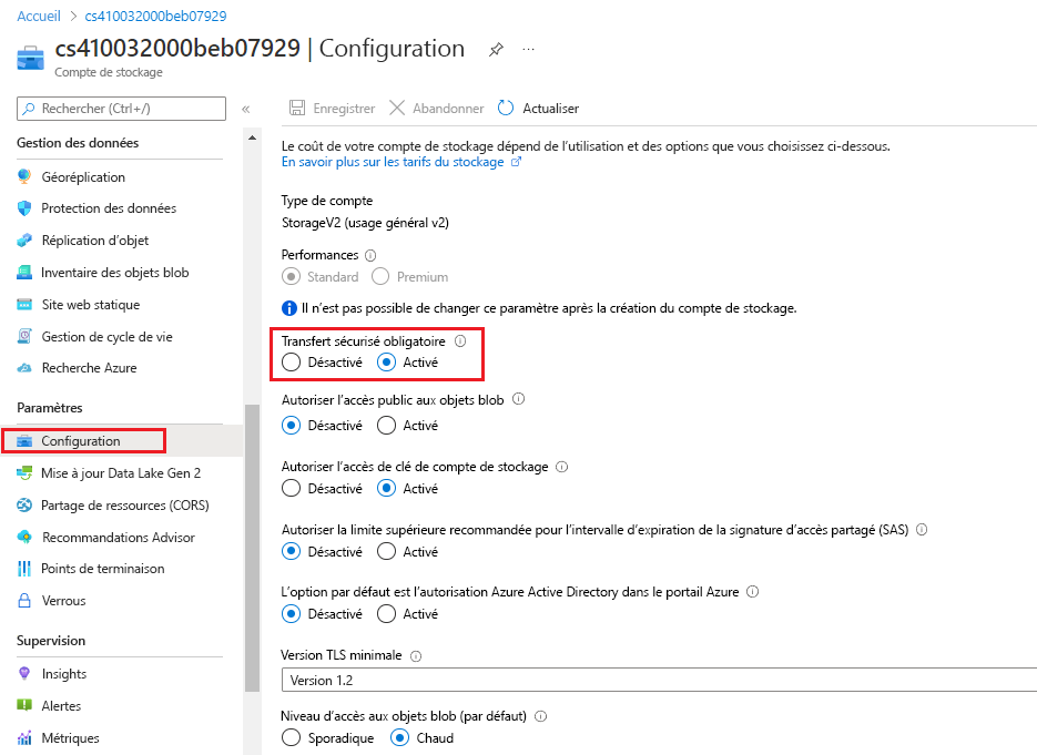 Capture d’écran montrant le paramètre de stockage de transfert sécurisé dans le portail Azure.