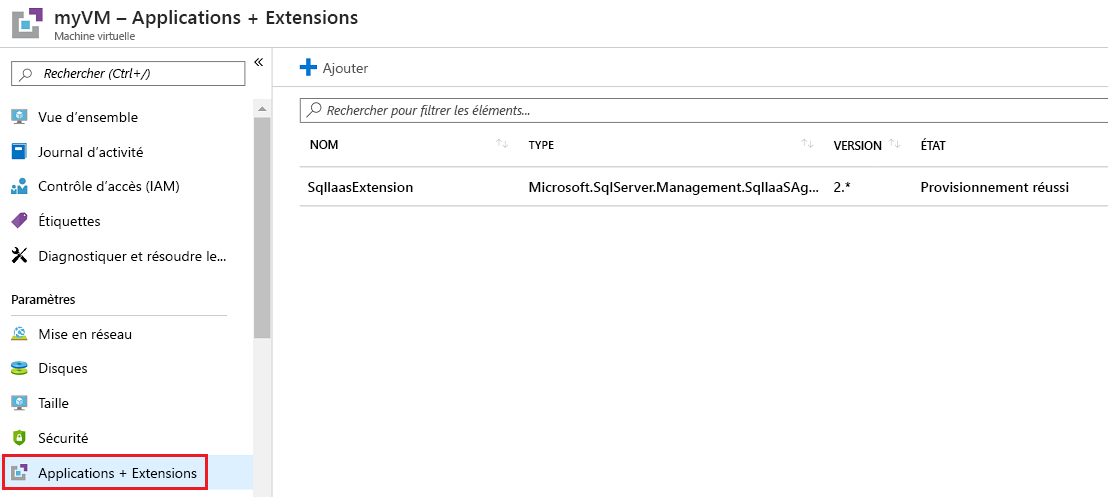 Capture d’écran montrant les extensions de machines virtuelles dans le volet Extensions + applications.