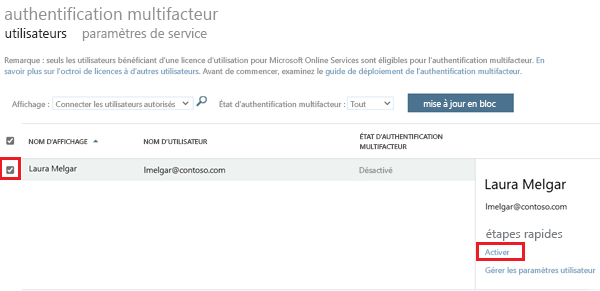 Capture d’écran montrant comment activer l’authentification multifacteur pour un utilisateur à l’aide du lien d’étapes rapides.