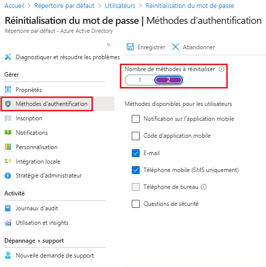 Capture d’écran du portail Azure montrant le volet des méthodes d’authentification de réinitialisation du mot de passe Microsoft Entra avec le nombre de méthodes nécessaires pour réinitialiser défini sur 2.