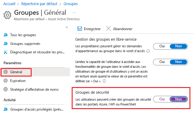 Capture d’écran montrant le volet des paramètres généraux des groupes, avec l’option Les utilisateurs peuvent créer des groupes de sécurité définie sur Non.