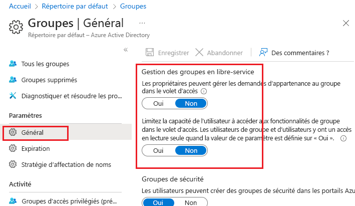 Capture d’écran montrant les options de groupes en libre-service Microsoft Entra définies sur Non.