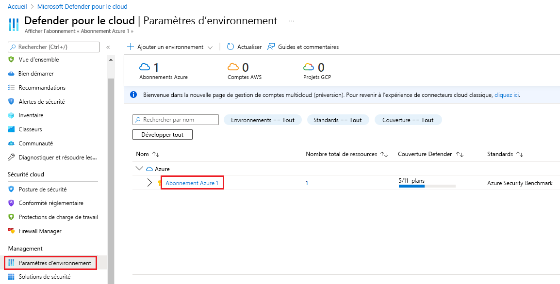 Capture d’écran montrant les paramètres d’environnement pour Defender pour le cloud.