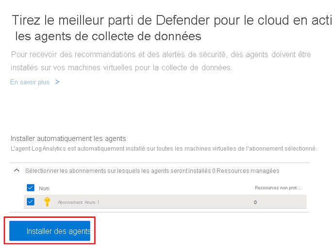 Capture d’écran montrant le volet Prise en main et l’onglet Installer des agents.