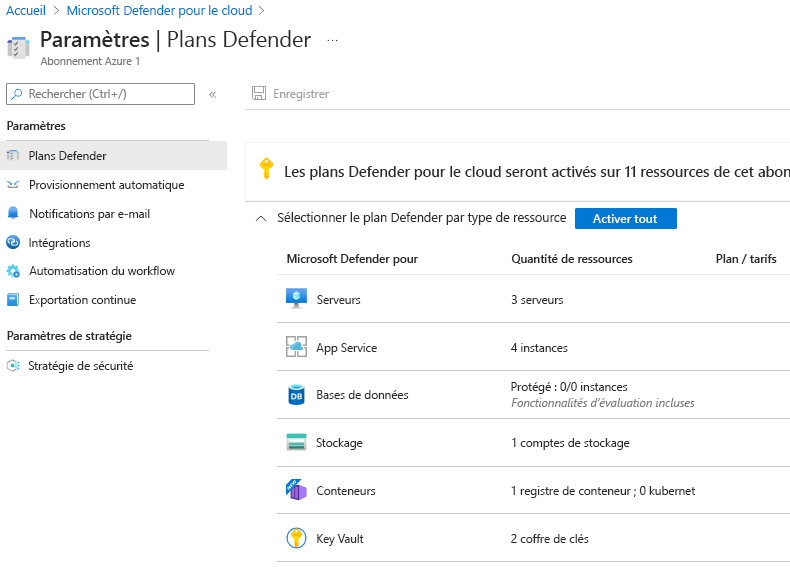 Capture d’écran montrant les stratégies de sécurité intégrées pour Defender pour le cloud.