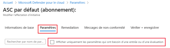 Capture d’écran montrant l’onglet Paramètres et la case à cocher Afficher uniquement les paramètres nécessitant une entrée ou une révision décochée.