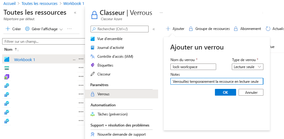 Capture d’écran montrant comment verrouiller une ressource dans le portail Azure.