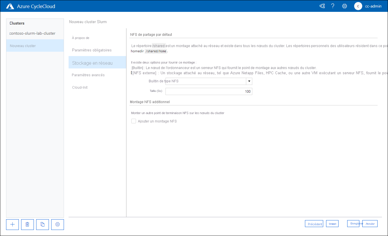 Screenshot of the Network Attached Storage tab of the New Slurm Cluster page of the Azure CycleCloud web application.