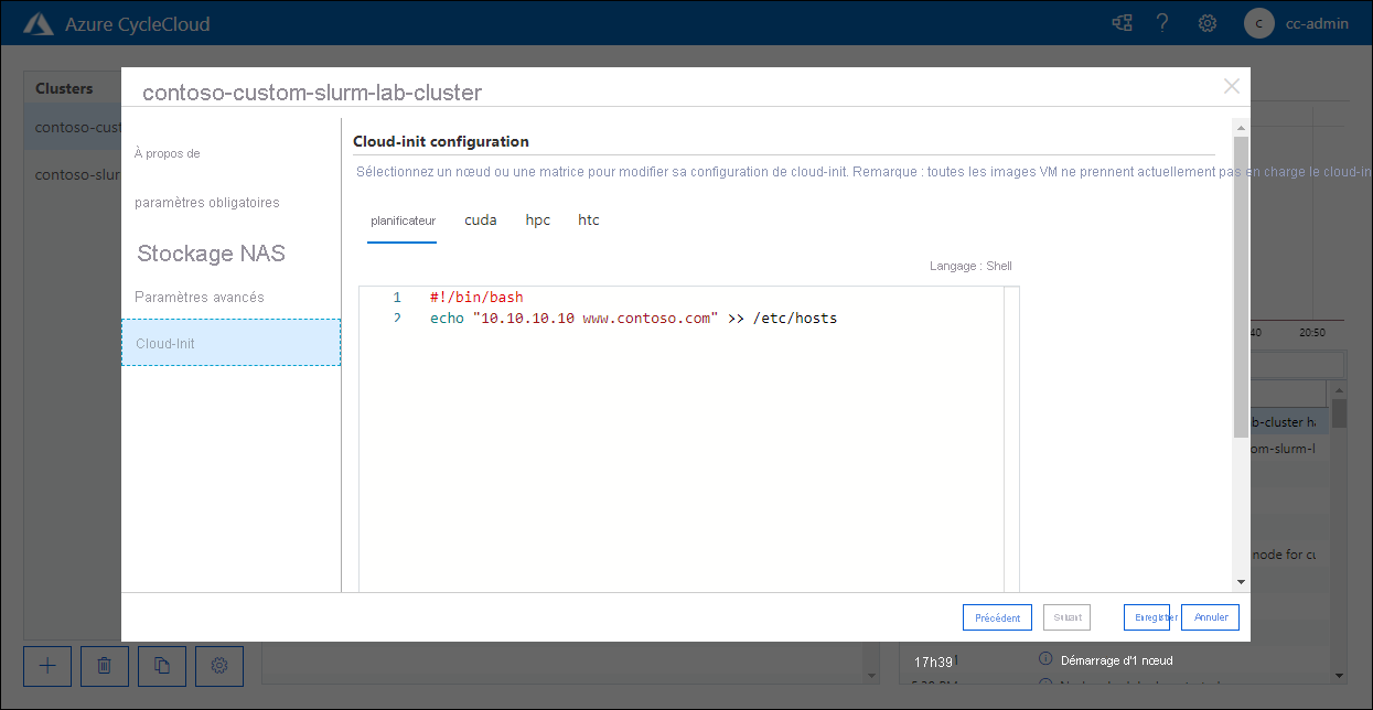 Screenshot of the Cloud-init tab of the Edit contoso-custom-slurm-lab-cluster pop-up window in the Azure CycleCloud web application.