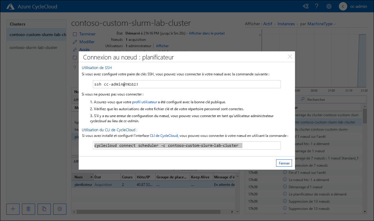 Screenshot of the Connect to node: scheduler pop-up window in the Azure CycleCloud web application.