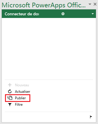 Capture d’écran de la boîte de dialogue Connecteur de données Power Apps avec un rectangle autour de Publier.