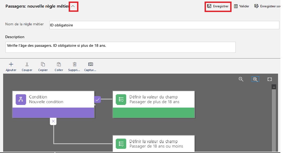Capture d’écran de la flèche en regard de Passengers : Nouvelle règle métier et du bouton Enregistrer la règle.