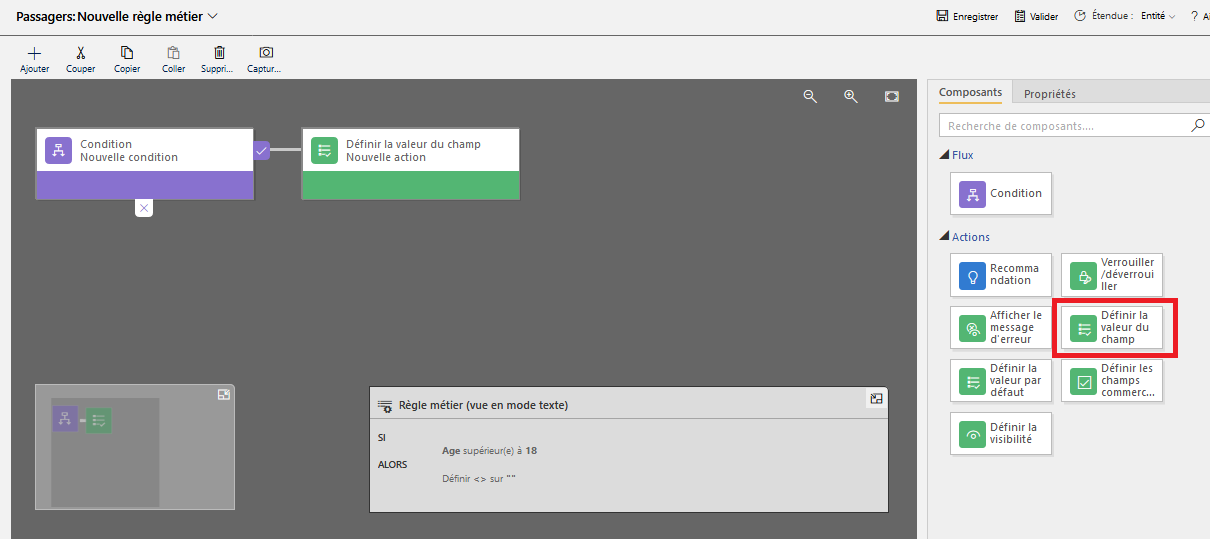 Capture d’écran de l’onglet Composants avec l’action Définir la valeur du champ.