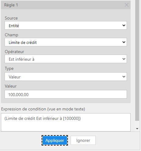 Capture d’écran de la configuration de la règle pour la condition.