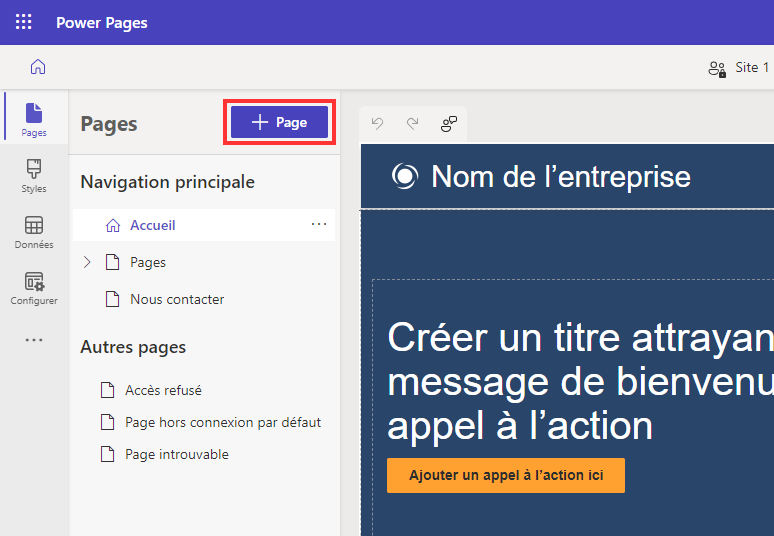 Capture d’écran du bouton permettant à l’utilisateur d’ajouter une nouvelle page dans le studio de conception.