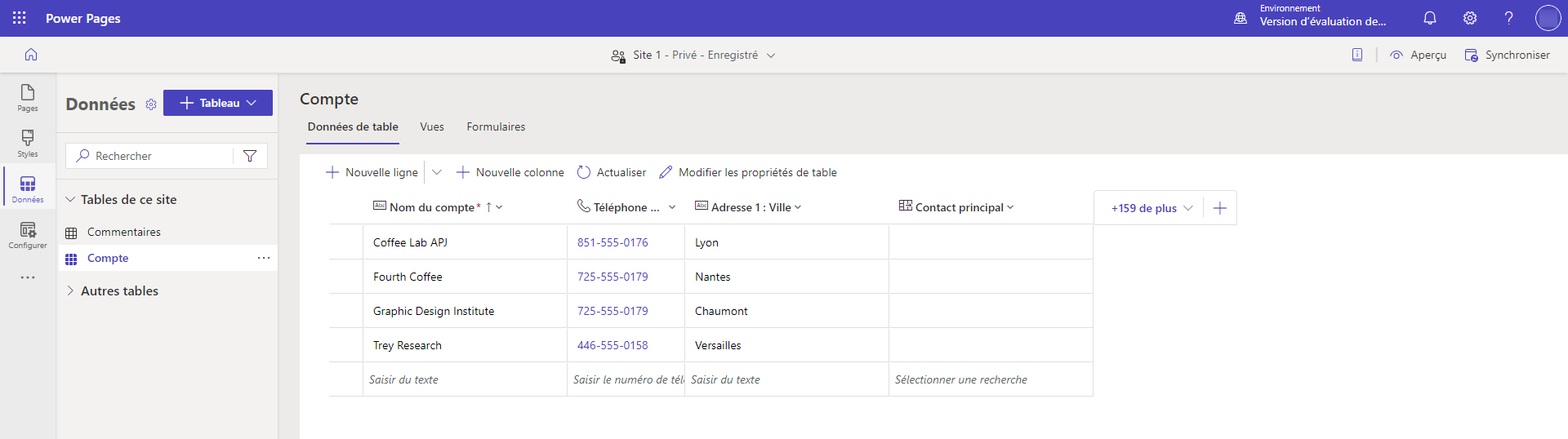 Capture d’écran du concepteur de tables de l’espace de travail Données permettant aux utilisateurs d’ajouter des données à leur page.