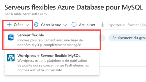 Capture d’écran du menu Créer développé avec l’élément de menu Serveur flexible mis en surbrillance.