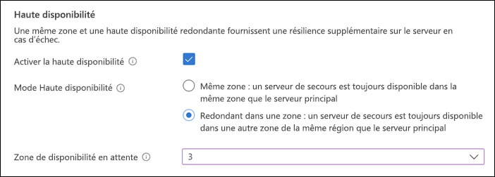 Capture d’écran de la section Haute disponibilité de la page de déploiement du serveur flexible du Portail Azure de base.