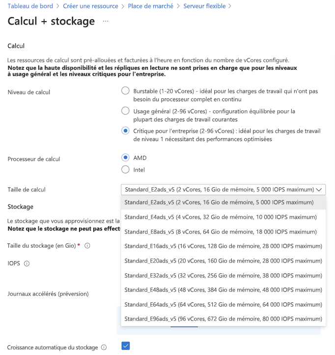 Capture d’écran de la section Calcul de la page Calcul + stockage affichant les options de taille de calcul du niveau de calcul À mémoire optimisée.