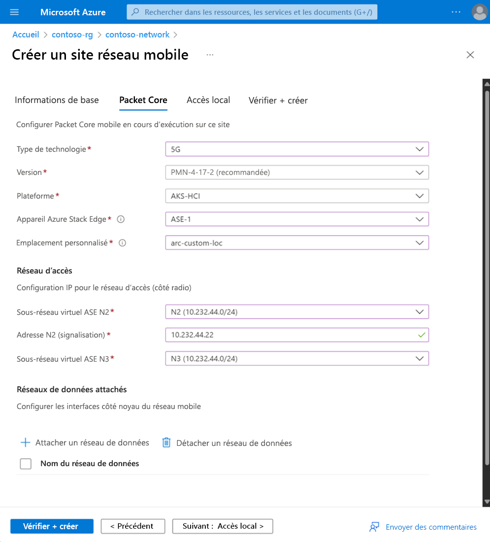 Cette capture d’écran montre l’onglet de configuration Packet Core.