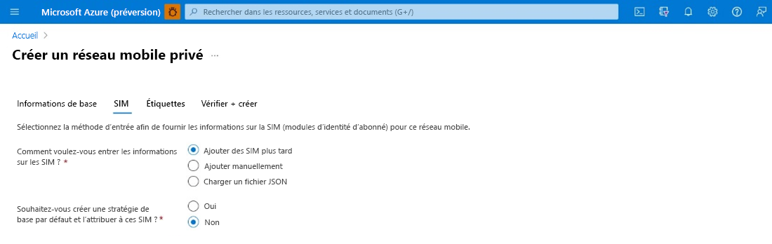 Cet écran montre l’onglet de configuration SIM.