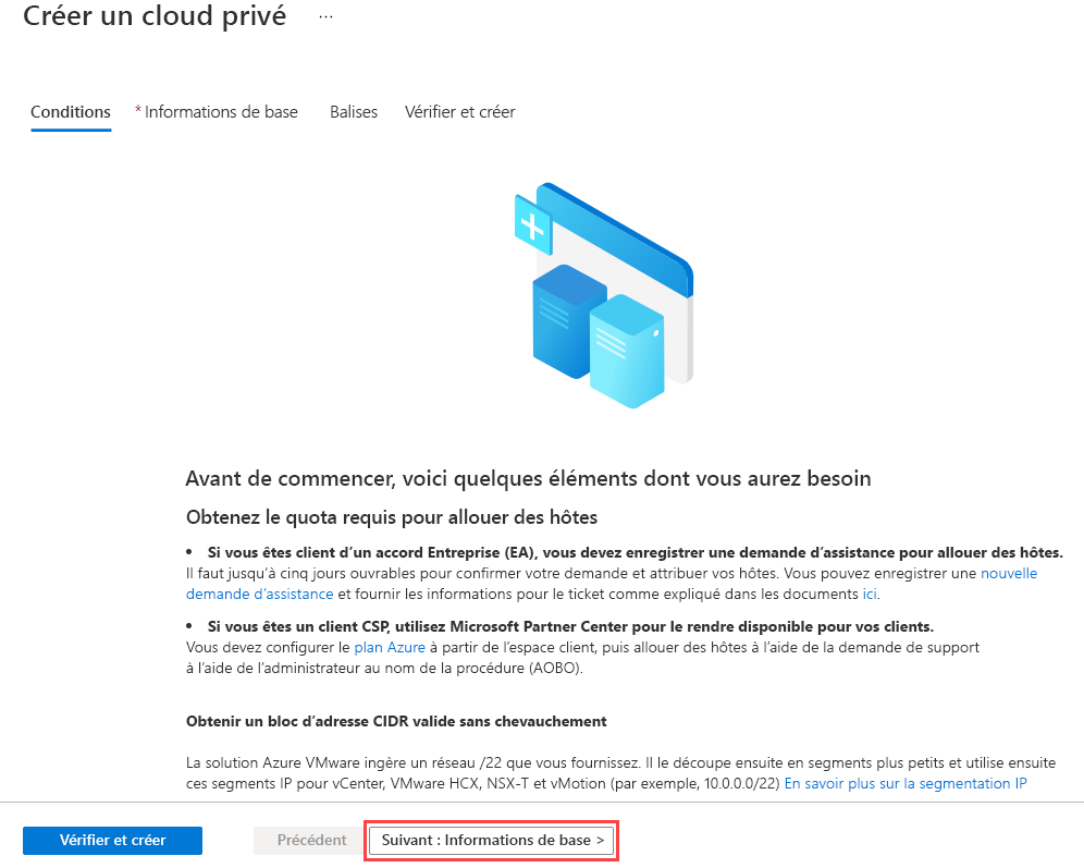 Capture d’écran montrant le volet des prérequis avant la création de l’environnement Azure VMware Solution dans Azure.