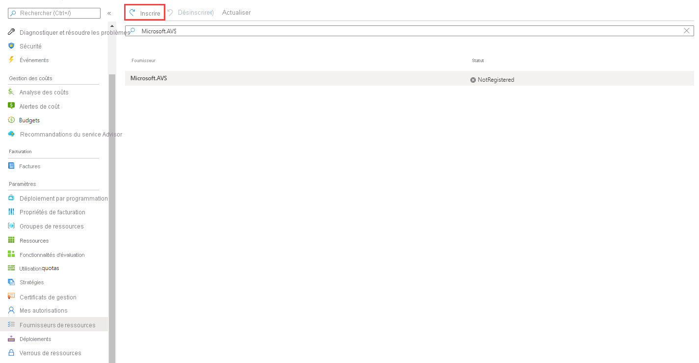 Capture d’écran montrant le bouton Inscrire en haut de la page Abonnement > Fournisseurs de ressources dans le portail Azure.