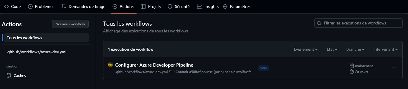 Capture d’écran montrant un workflow GitHub Actions en cours d’exécution.