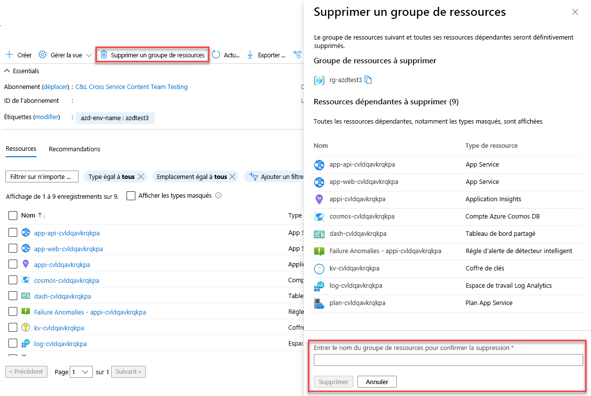 Capture d’écran montrant comment supprimer un groupe de ressources.