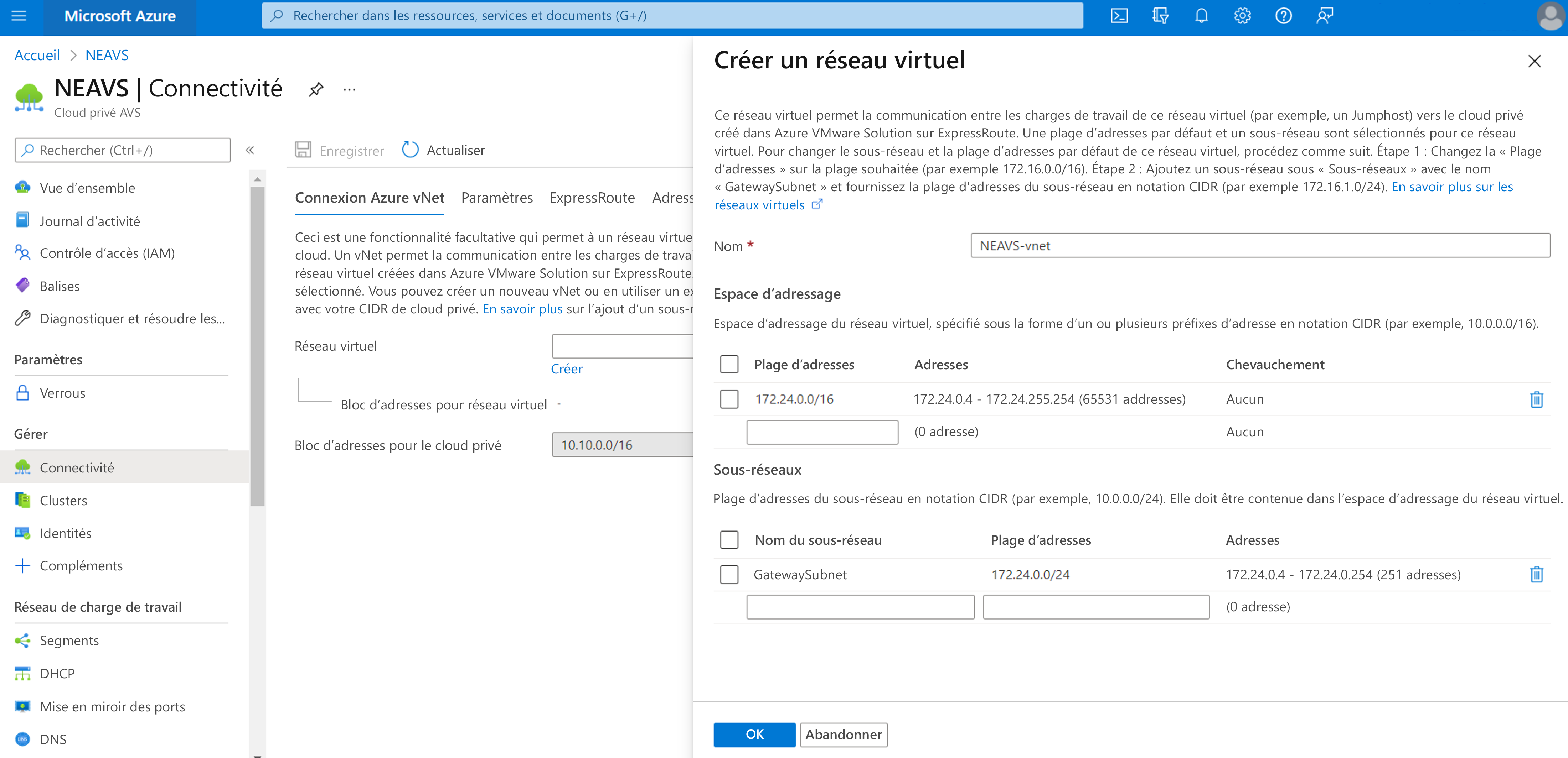 Capture d’écran de l’onglet Créer un réseau virtuel dans Azure VMware Solution.