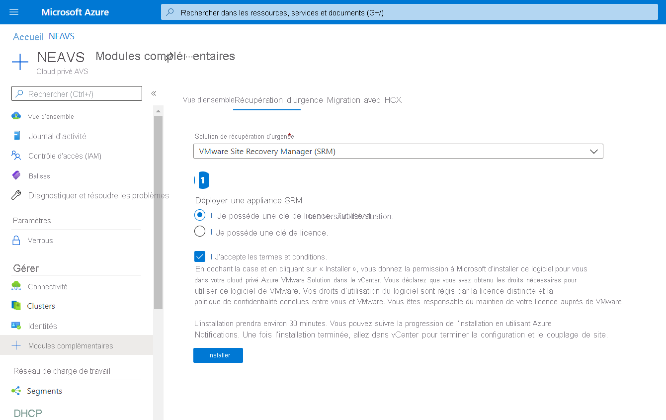 Capture d’écran de l’onglet Récupération d’urgence dans Azure VMware Solution.