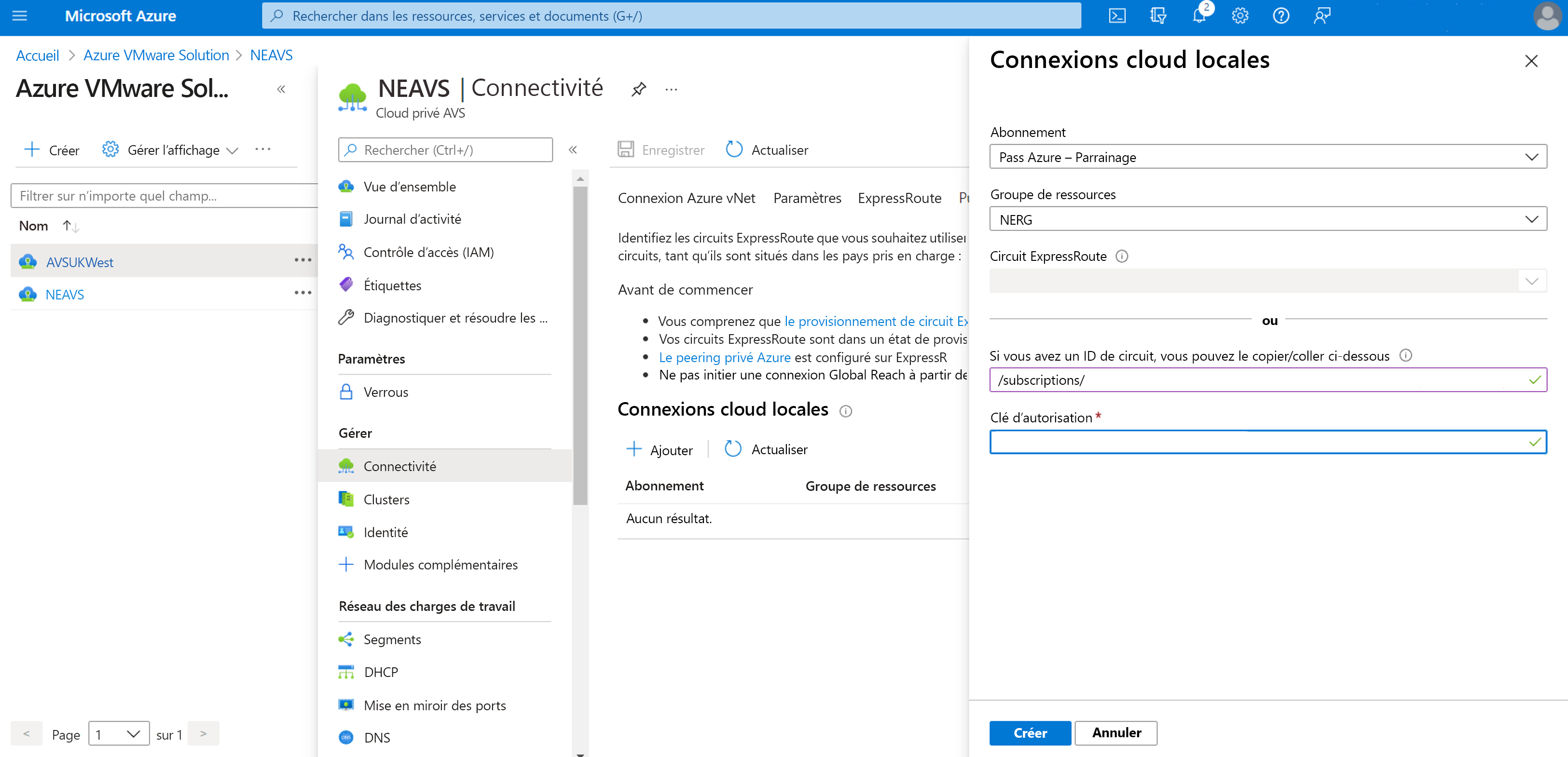 Capture d’écran de la fenêtre Connexions au cloud local dans Azure VMware Solution.