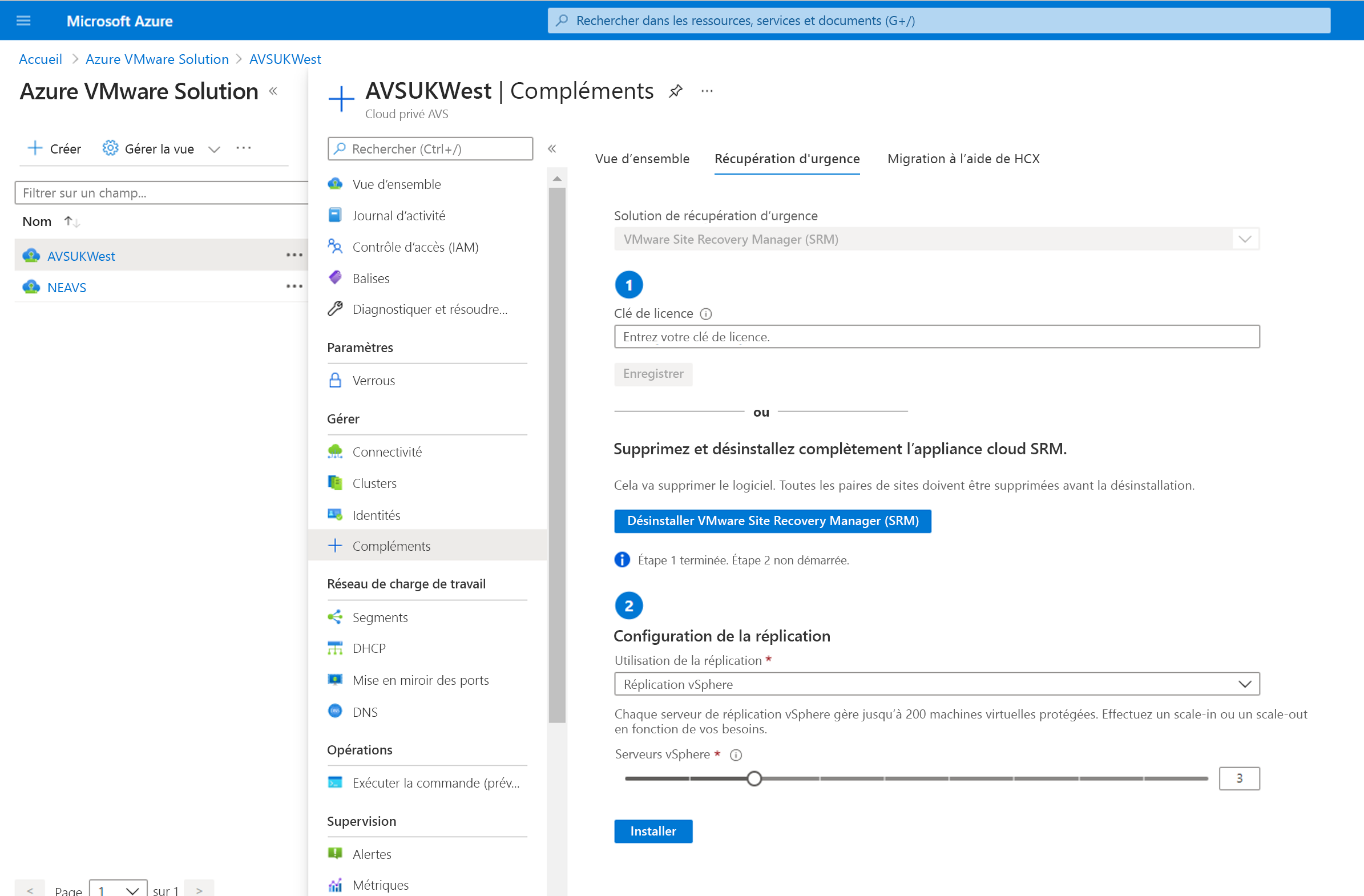 Screenshot of the Disaster recovery tab in Azure VMware Solution. The vSphere Replication option is selected under Setup replication.