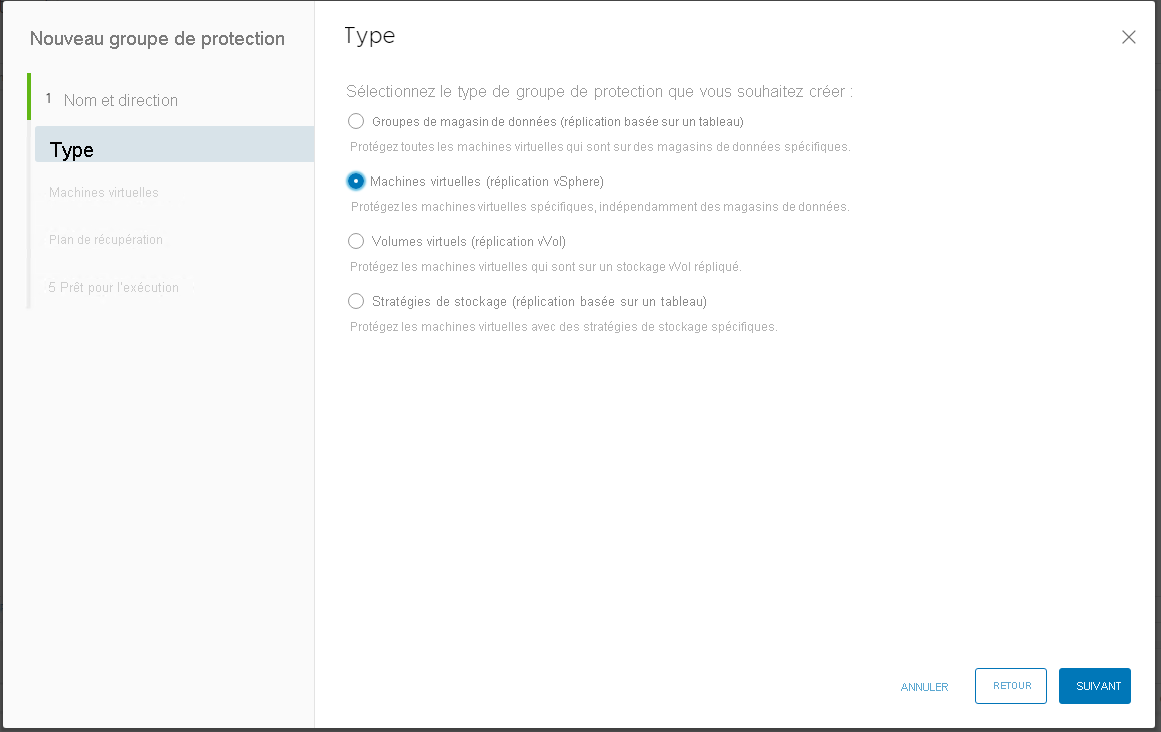 Screenshot of the Type window in Azure VMware Solution with the Individual VMs (vSphere replication) option selected.