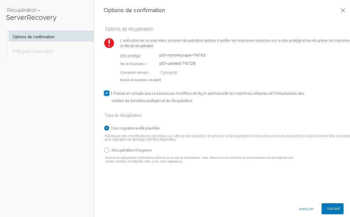 Screenshot of the Confirmation options window in Azure VMware Solution with the selected recovery confirmation options.