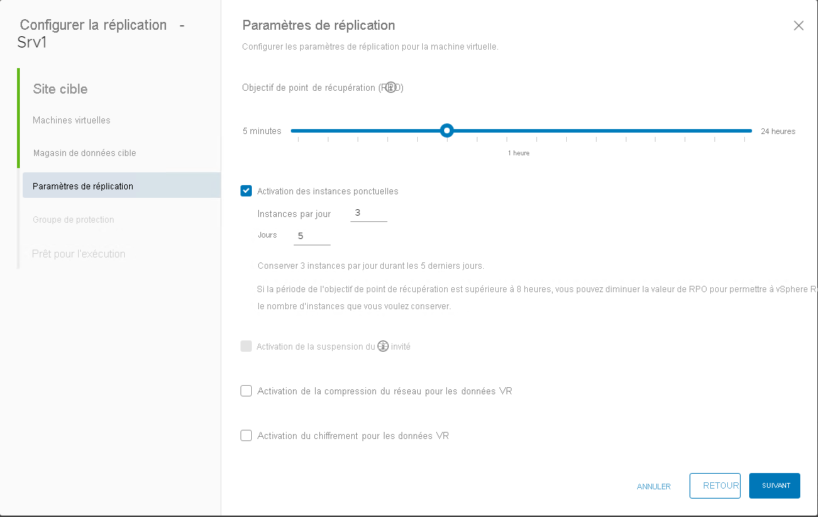 Screenshot of the Replication settings window in Azure VMware Solution, with the configured RPO settings.