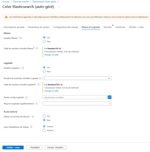 Capture d’écran du menu Kibana & Logstash dans le portail Azure.