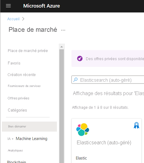 Capture d’écran du modèle Elasticsearch (autogéré) sur la Place de marché Azure.