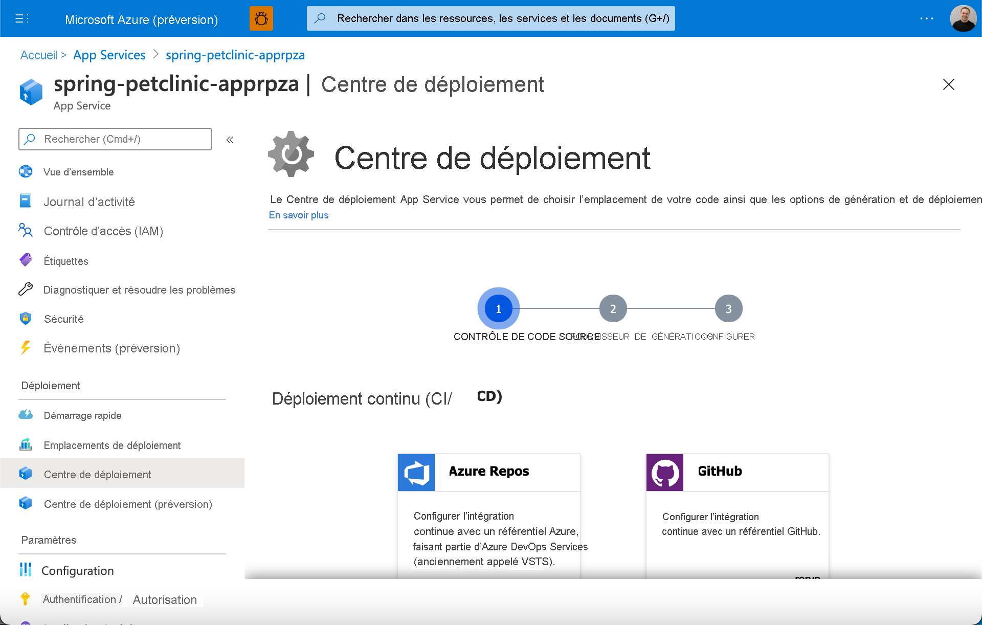 Screenshot of the Azure App Service Deployment Center.