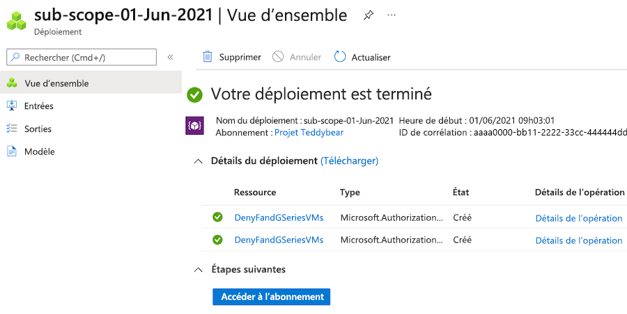 Capture d’écran du volet de vue d’ensemble du Portail Azure pour le déploiement sélectionné.