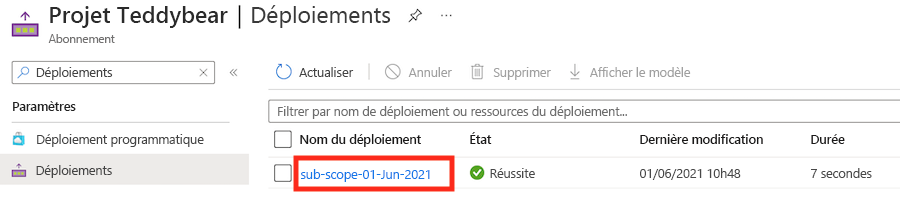 Capture d’écran de l’interface du Portail Azure montrant la liste des déploiements.