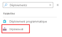 Capture d’écran de la zone de recherche du Portail Azure et de l’élément de menu Déploiements.