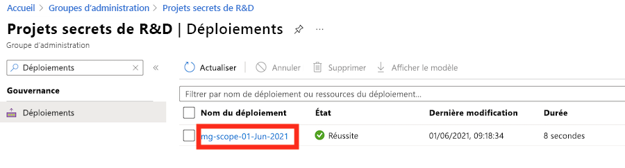 Screenshot of the Azure portal Deployments pane, highlighting the 'mg-scope-*' deployment in the list of deployments.
