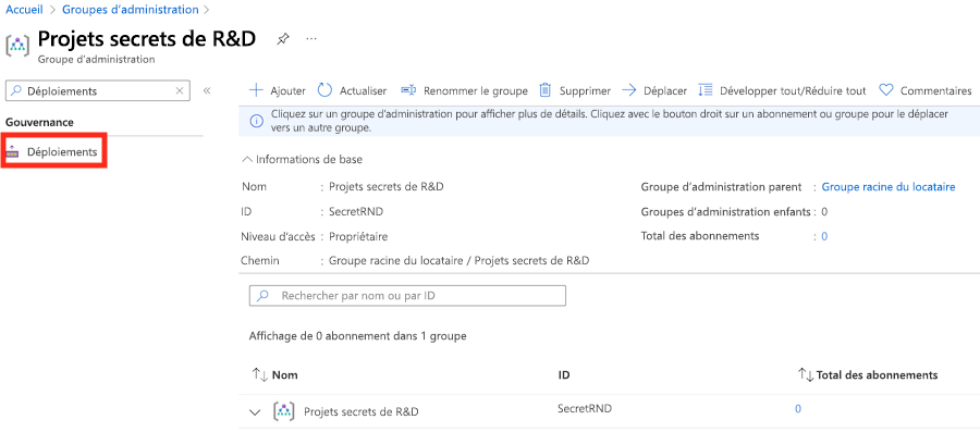 Screenshot of the Azure portal interface, showing the management group details.