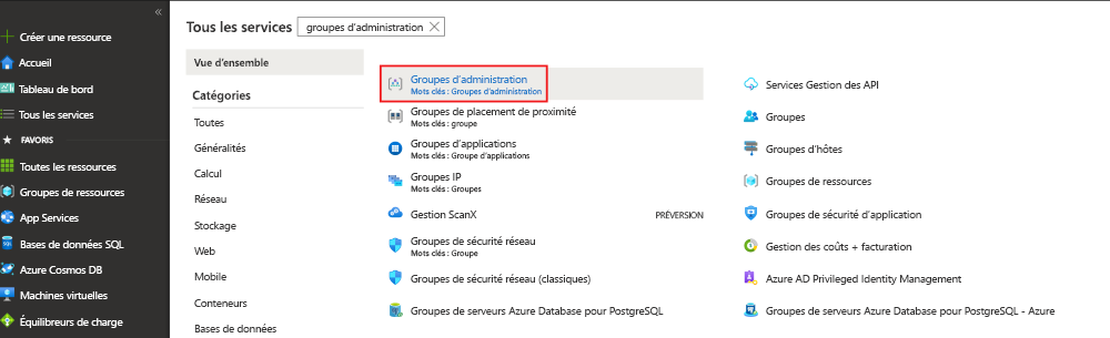 Screenshot of the Azure portal interface showing the service list with 'Management groups' highlighted.