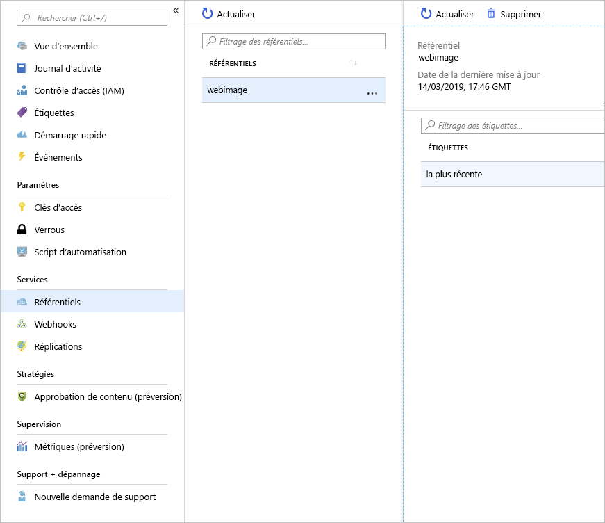 Capture d’écran qui montre les dépôts et les images chargés sur Azure Container Registry.