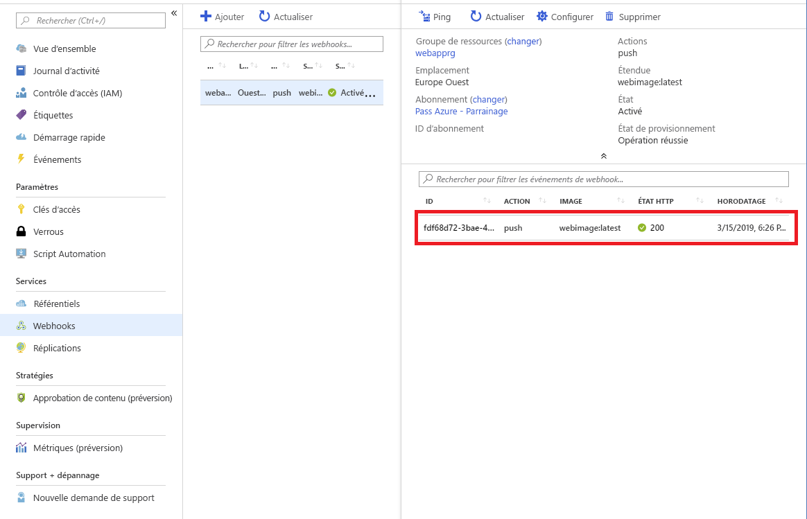 Capture d’écran du Webhook montrant l’événement d’envoi (push).