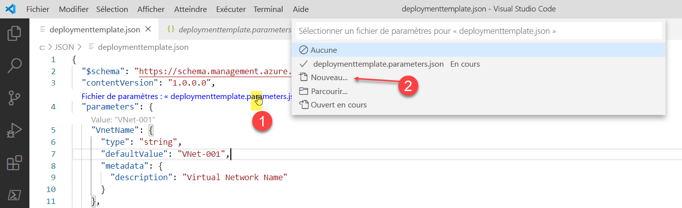 Capture d’écran montrant les sélections à effectuer pour créer un fichier de paramètres dans Visual Studio Code.